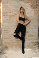 CALÇA JEANS COM RASGO JOELHOS CINTURA ALTA HOT PANT PRETA