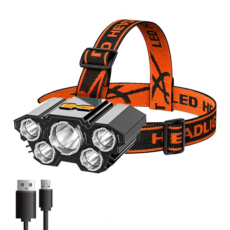 Recarregável 5 LED Farol com Built in 18650 Bateria, Luz Forte, Farol, Camping, Aventura, Pesca, Cabeça Luz Lanterna