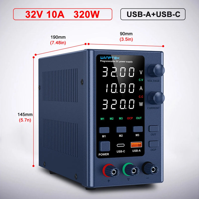 Wanptek - Fonte de alimentação de laboratório 32V 10A 60V 5A, carregamento rápido USB Tensão e Corrente ajustavel.